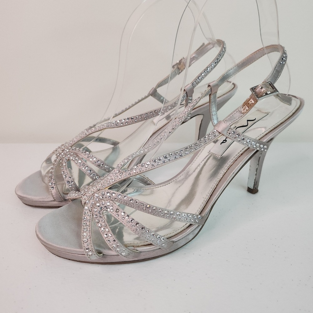 Vintage Y2k Silver Satin Rhinestone Strappy Heels 8.5 Prom Slingback Open Toe